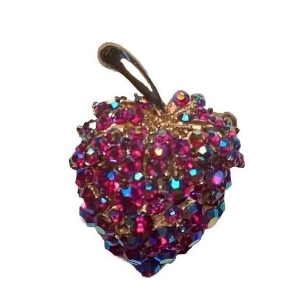 Vintage Red Aurora Borealis Rhinestones Encrusted Strawberry Brooch Silver Tone